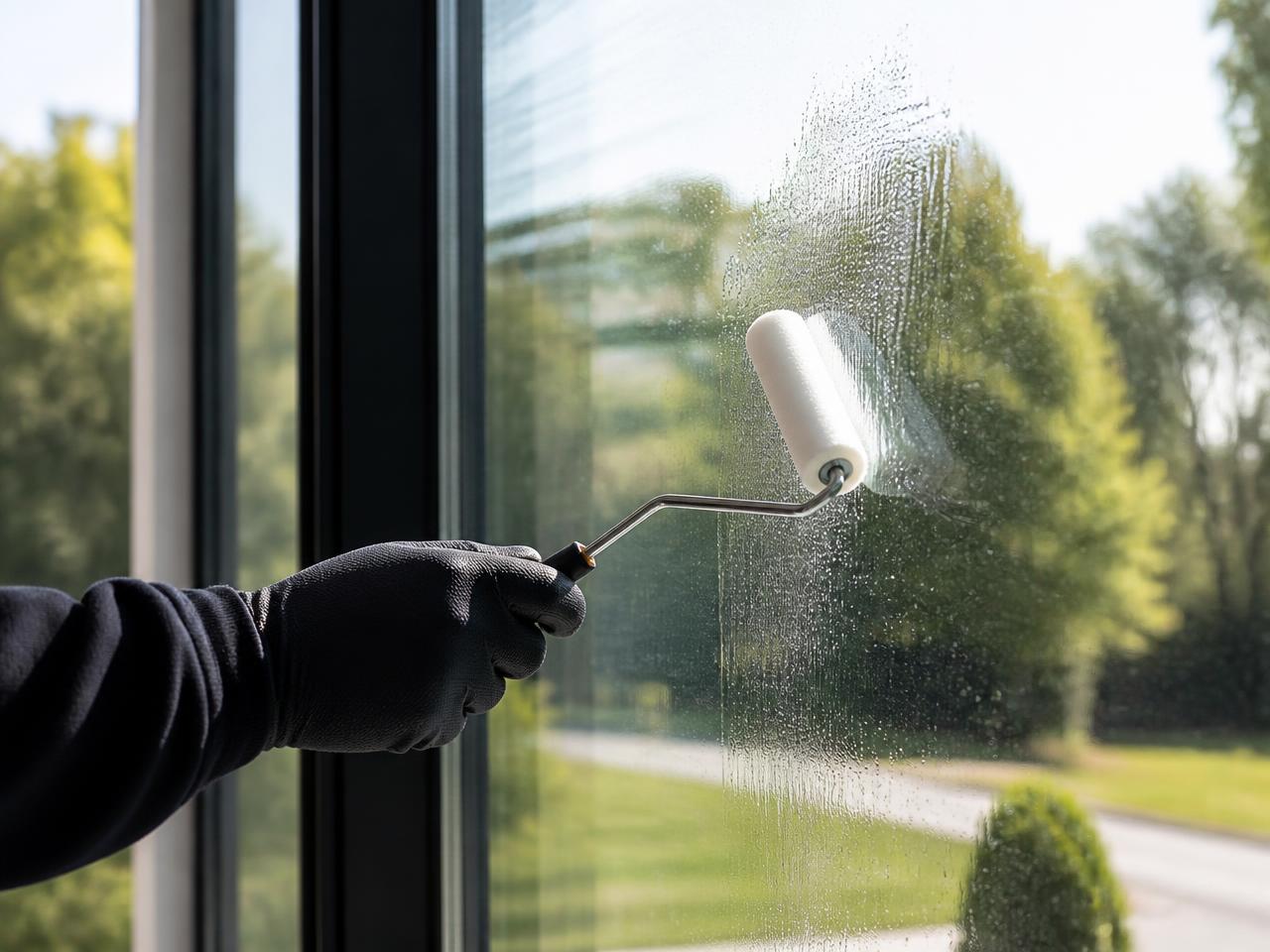 Técnico aplicando con rodillo la pintura cerámica transparente sobre el cristal de una ventana
